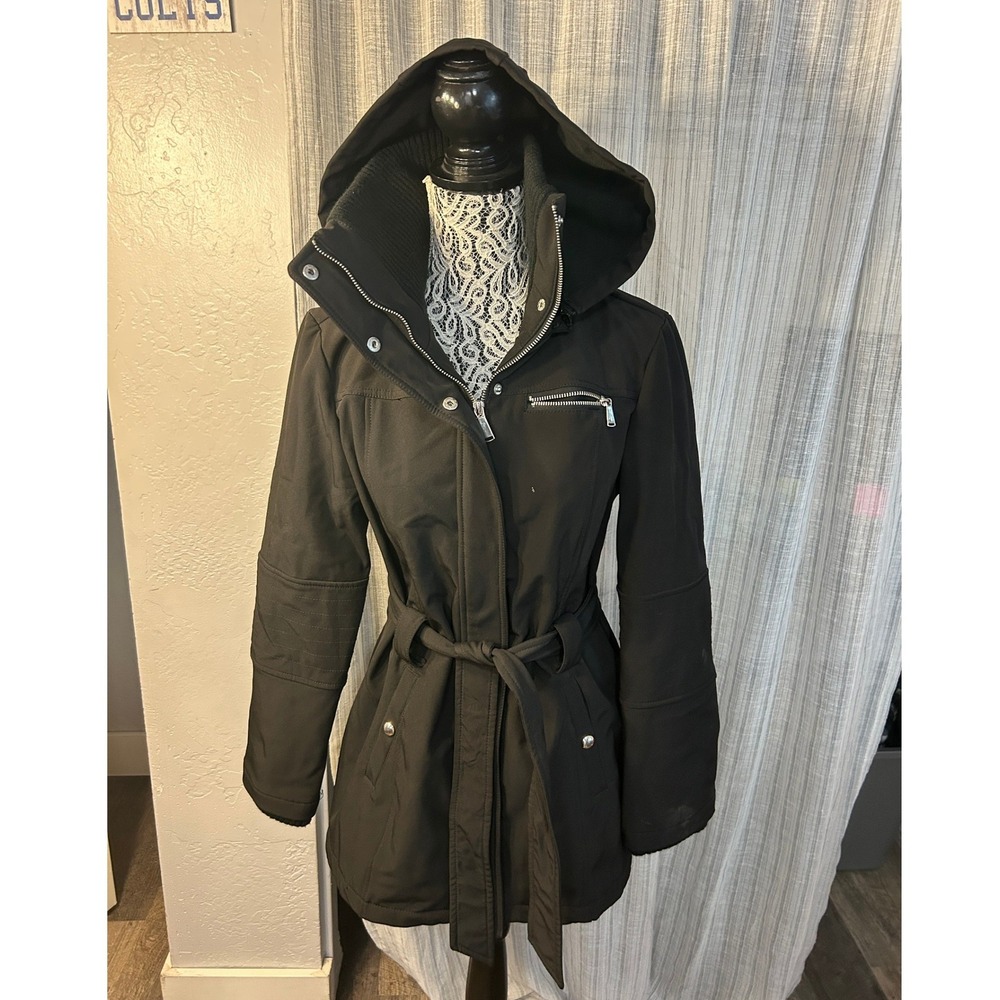 Apt. 9 Winter Coat Jacket Womens L Black Hooded Belted Parka Utility Longline